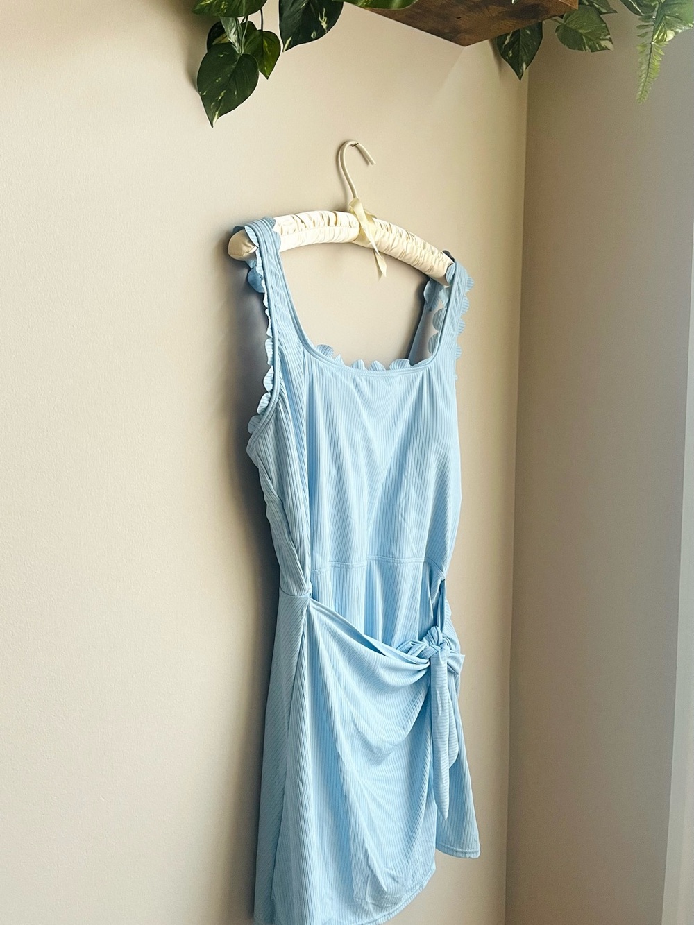 Light Blue Ribbed Tie-Waist One-Piece Swimsuit